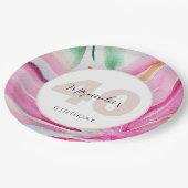 ピンクの花びらフローラ水色モノグラムの ペーパープレート (アングル)