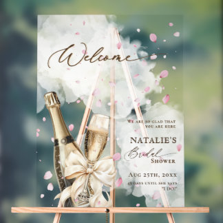 ピンクの花びら　バブル ブランチ　ブライダルシャワー　ウェルカム アクリルサイン