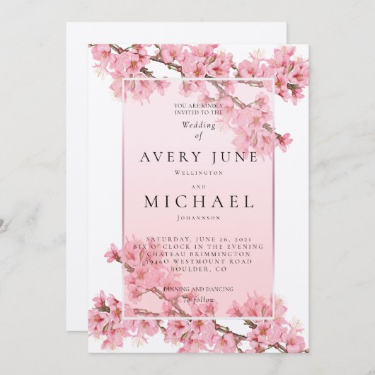 ピンクの花びら 桜の春の結婚式 招待状 (正面/裏面)