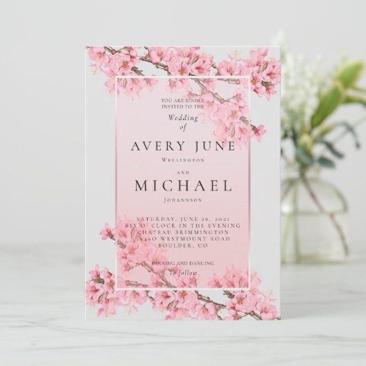 ピンクの花びら 桜の結婚式 招待状 (スタンド正面)