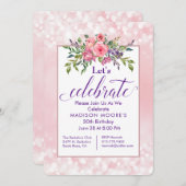 ピンクの花ぼけ誕生日パーティー 招待状 (正面/裏面)