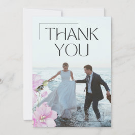 ピンクの花をあしらったシンプルな結婚式のお礼カード サンキューカード