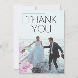 ピンクの花をあしらったシンプルな結婚式のお礼カード サンキューカード