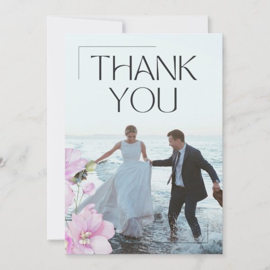 ピンクの花をあしらったシンプルな結婚式のお礼カード サンキューカード (正面)