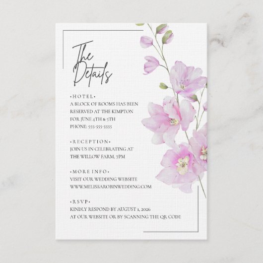 ピンクの花をあしらったミニマルなデザインの結婚式の付属カード エンクロージャーカード (正面)