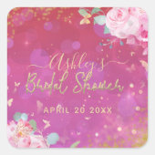 ピンクの花をあしらった豪華でエレガントなロマンチックなブライダルシャワーの装飾 スクエアシール (正面)