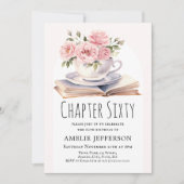 ピンクの花をあしらった60歳の本をテーマにした誕生日 招待状 (正面)