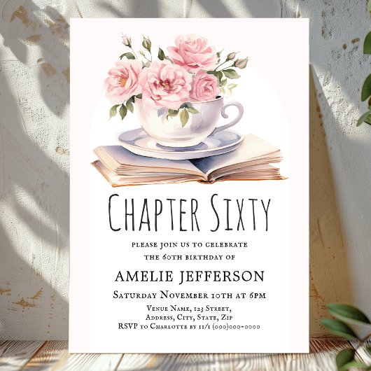 ピンクの花をあしらった60歳の本をテーマにした誕生日 招待状