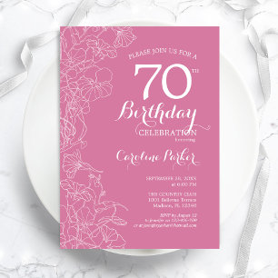 ピンクの花をあしらった70歳の誕生日パーティー 招待状