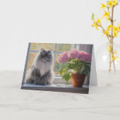 ピンクの花をつけるキュートな灰色のペルシャ猫 カード (黄色い花)