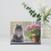 ピンクの花をつけるキュートな灰色のペルシャ猫 シーズンポストカード (スタンド正面)