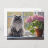 ピンクの花をつけるキュートな灰色のペルシャ猫 シーズンポストカード (正面/裏面)