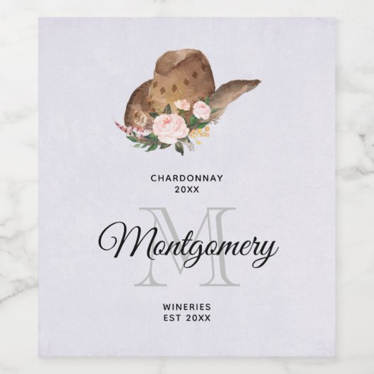 ピンクの花を使った茶色の女性のカーボーイハットのワイン作り ワインラベル (シングルラベル)