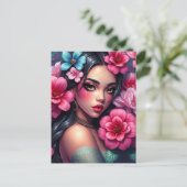 ピンクの花を咲かせたかわいらしヒスパニックなアニメ ポストカード (スタンド正面)