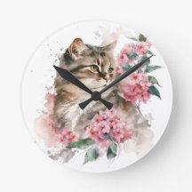 ピンクの花を咲かせた水彩茶色のタビー猫