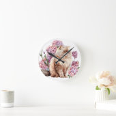 ピンクの花を咲かせた水色のペルシャ猫 ラウンド壁時計 (ホーム)