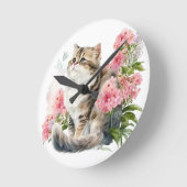 ピンクの花を咲かせた水色のペルシャ猫 ラウンド壁時計 (傾斜)