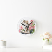 ピンクの花を咲かせた水色のペルシャ猫 ラウンド壁時計 (ホーム)