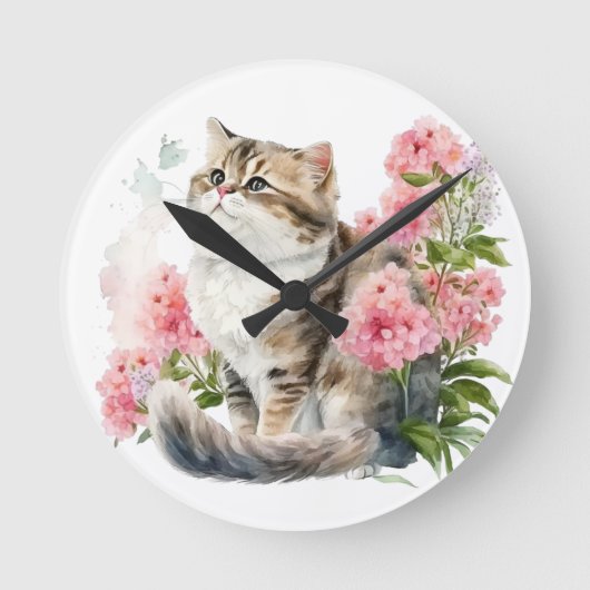 ピンクの花を咲かせた水色のペルシャ猫 ラウンド壁時計 (正面)