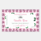 ピンクの花を咲かせるバラ 白い製品ラベルにロゴ 長方形シール (正面)