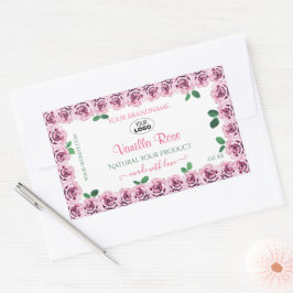 ピンクの花を咲かせるバラ 白い製品ラベルにロゴ 長方形シール