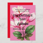 ピンクの花を持つバレンタインデーパーティー 招待状 (正面/裏面)