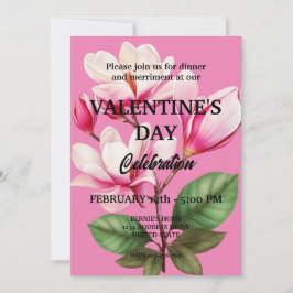 ピンクの花を持つバレンタインデーパーティー 招待状