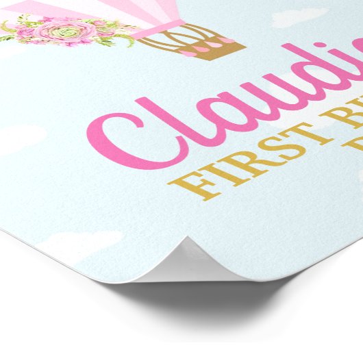 ピンクの花を持つピンクのホットエアバルーン誕生日 ポスター (角)