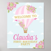 ピンクの花を持つピンクのホットエアバルーン誕生日 ポスター (正面)