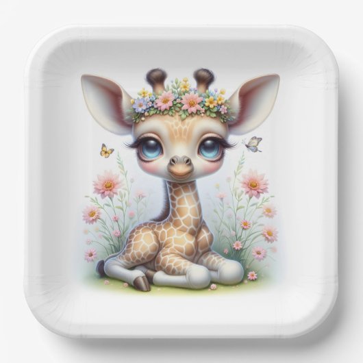 ピンクの花を持つベビーガールキリン ペーパープレート (正面)