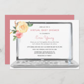 ピンクの花を持つ仮想ベビーシャワーノートパソコン 招待状 (正面/裏面)