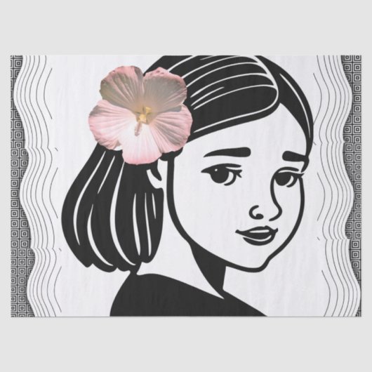 ピンクの花を持つ女の子ティッシュペーパー 薄葉紙 (正面)