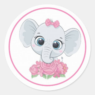 ピンクの花を持つ愛らしい象 ラウンドシール