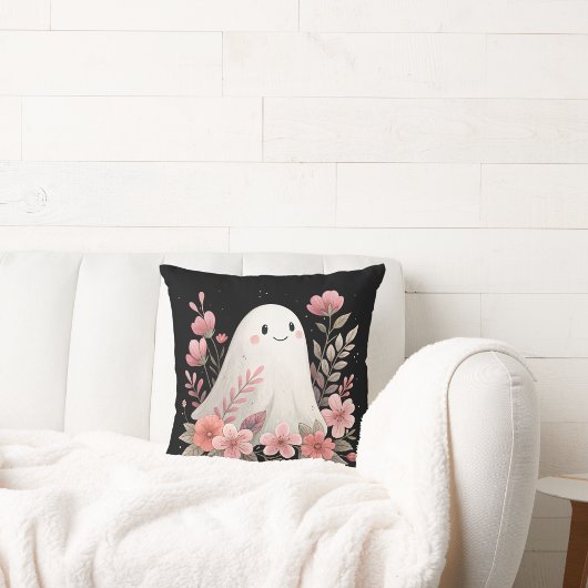ピンクの花を持つ水色幽霊 クッション