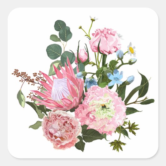 ピンクの花を持つ熱帯性花束。 スクエアシール (正面)