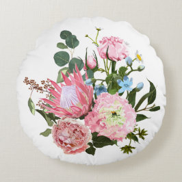ピンクの花を持つ熱帯性花束。 ラウンドクッション