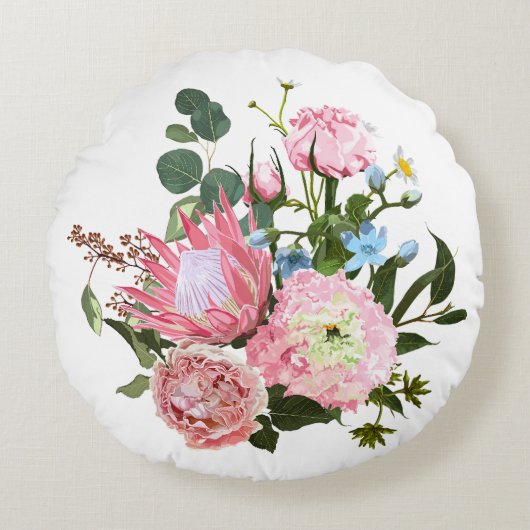 ピンクの花を持つ熱帯性花束。 ラウンドクッション (正面)