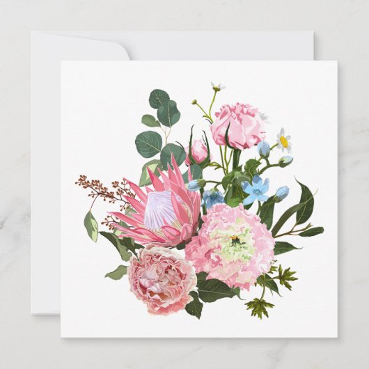 ピンクの花を持つ熱帯性花束。 招待状 (正面)