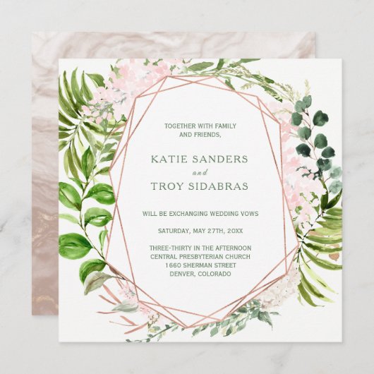 ピンクの花を持つ熱帯緑のリース 招待状 (正面/裏面)