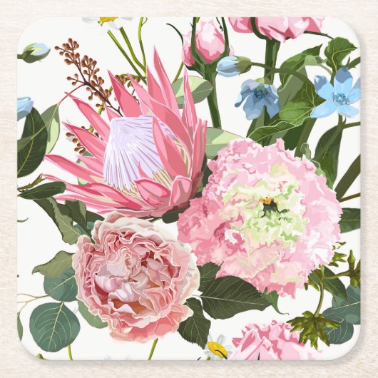 ピンクの花を持つ熱帯花のパターン。 スクエアペーパーコースター (正面)