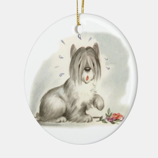 ピンクの花を持つ牧羊犬の子犬 セラミックオーナメント (左)