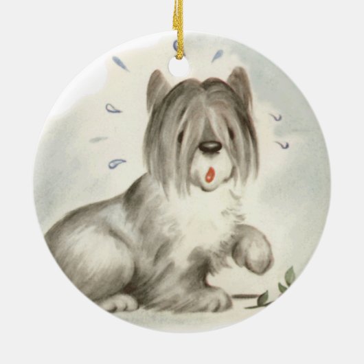 ピンクの花を持つ牧羊犬の子犬 セラミックオーナメント (裏面)