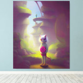 ピンクの花を持つ猫 キャンバスプリント (インサイチュ (ウッドフロア))