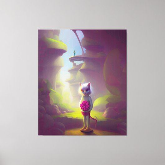 ピンクの花を持つ猫 キャンバスプリント (正面)