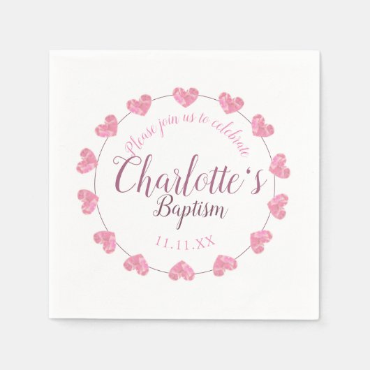ピンクの花を持つ白い女の子バプテスナプキン スタンダードカクテルナプキン (正面)