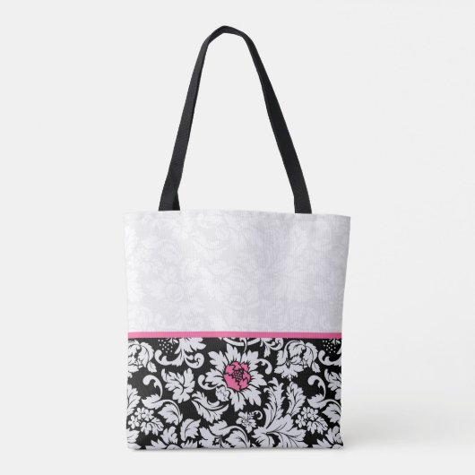 ピンクの花を持つ白黒のダマスク トートバッグ (裏面)