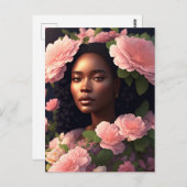 ピンクの花を持つ美しい黒人女性 ポストカード (正面/裏面)