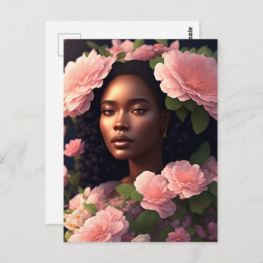 ピンクの花を持つ美しい黒人女性 ポストカード (正面/裏面)