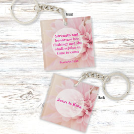 ピンクの花を持つ聖書の力強さと名誉の聖句 キーホルダー