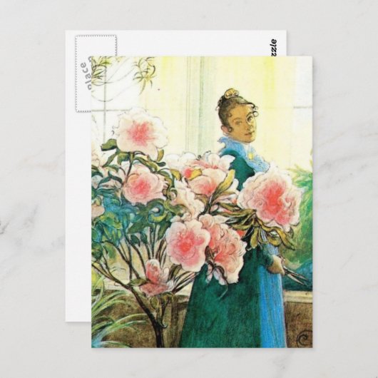 ピンクの花を持つ花輪と彼女の織機 ポストカード (正面/裏面)